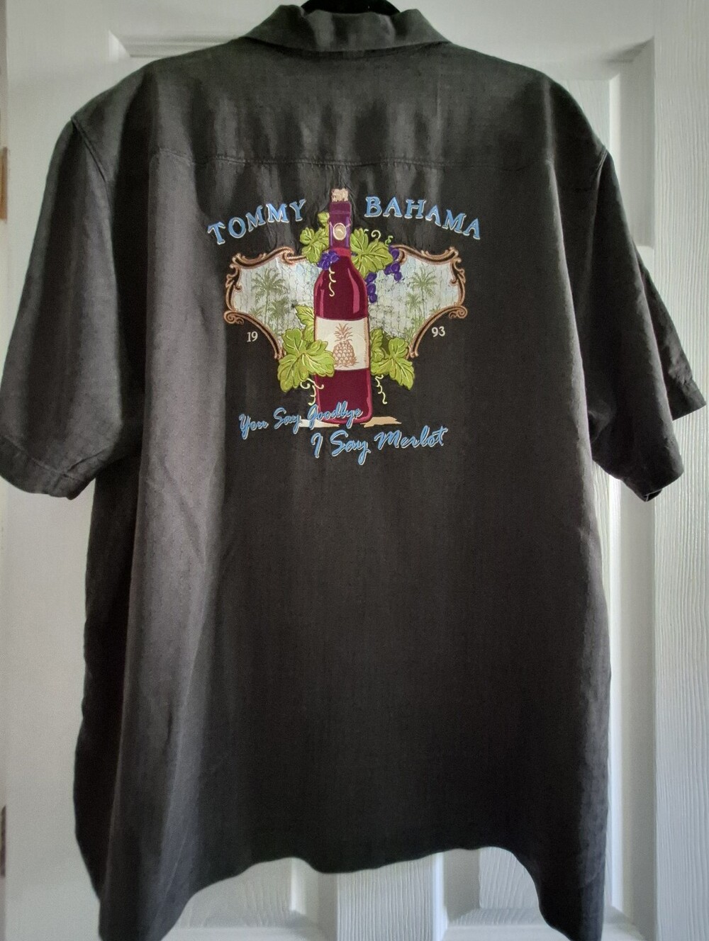 Vintage Tommy Bahama Shirt Black You Say Goodbye I Say Merlot Silk